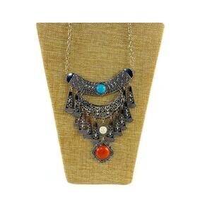 Southwest Design Necklace Metal w/Three Stones Faux Turquoise Red White 11"